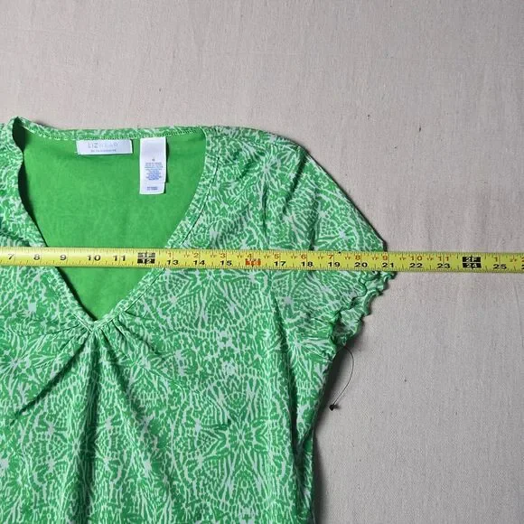 Lizwear Top Pull-On V-Neck Lined Ruffled Hem Short Sleeve Green/White Size M - Picture 5 of 9